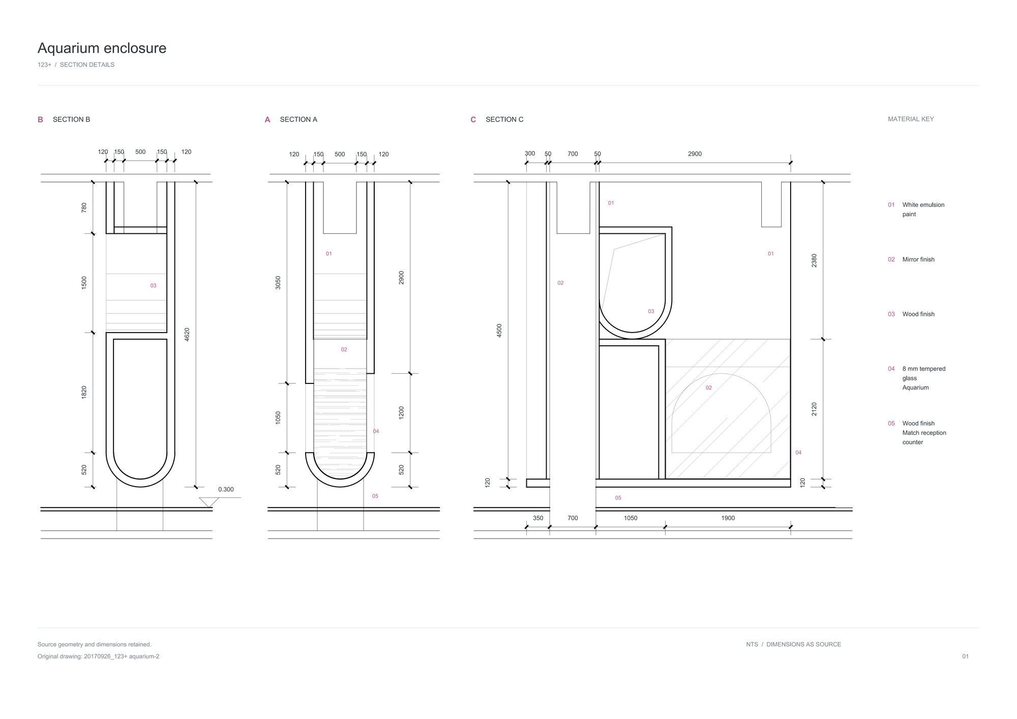 Aquarium-enclosure section detail, presented as evidence of drawing review and detail coordination.