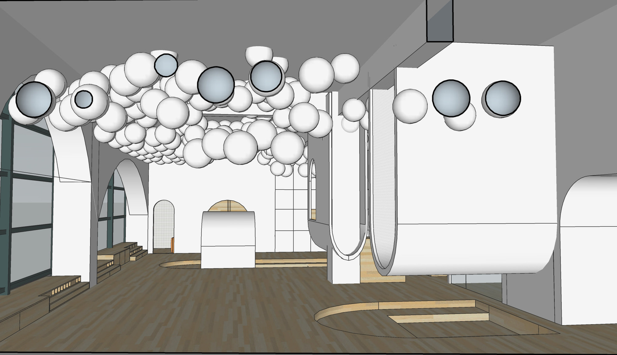 Interior model showing curved openings, built-in elements and the suspended ceiling composition.