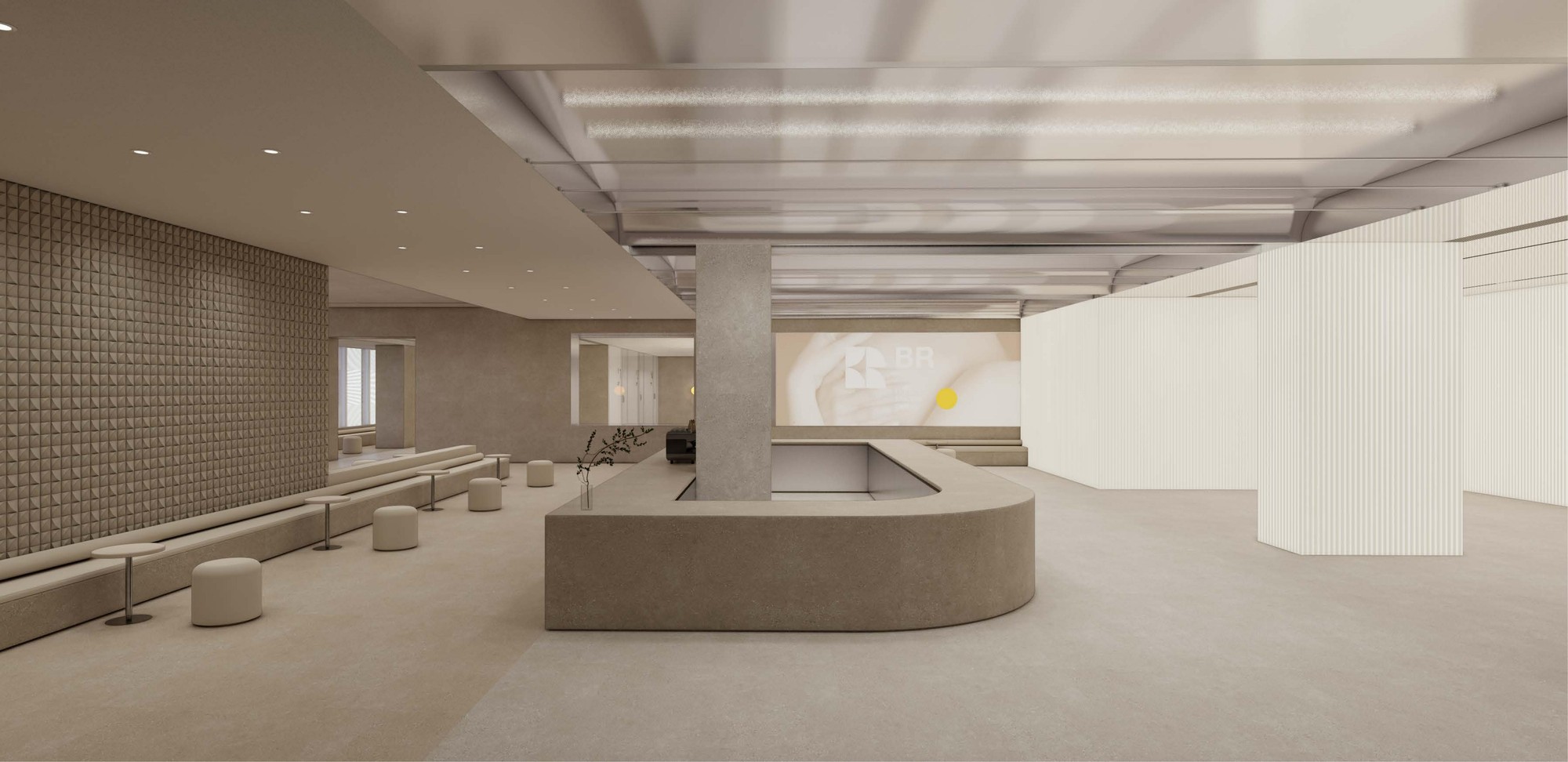 Reception design with a curved counter, continuous seating and a light ceiling grid.