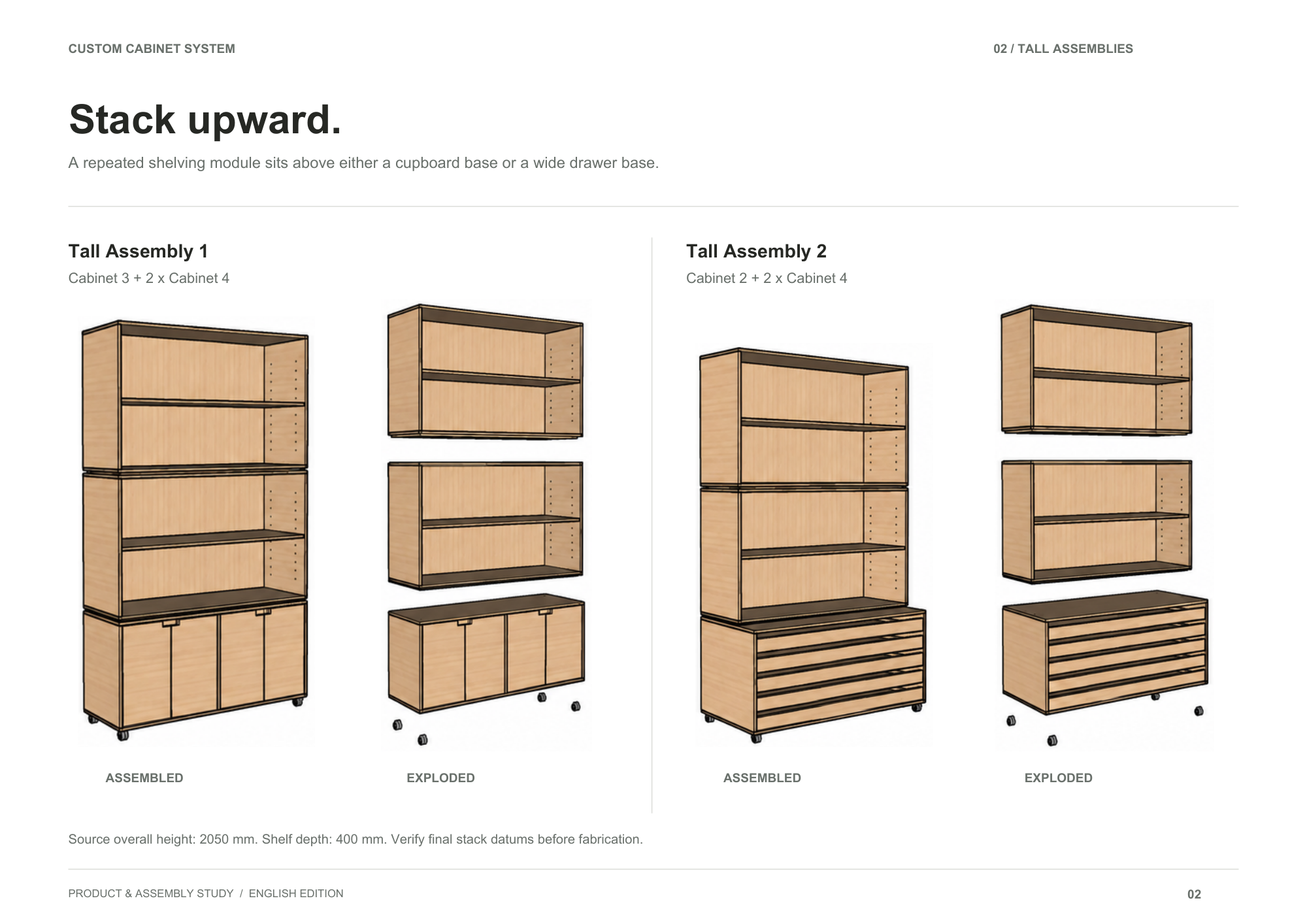 Exploded tall assemblies show open shelving stacked above cupboard or drawer bases.
