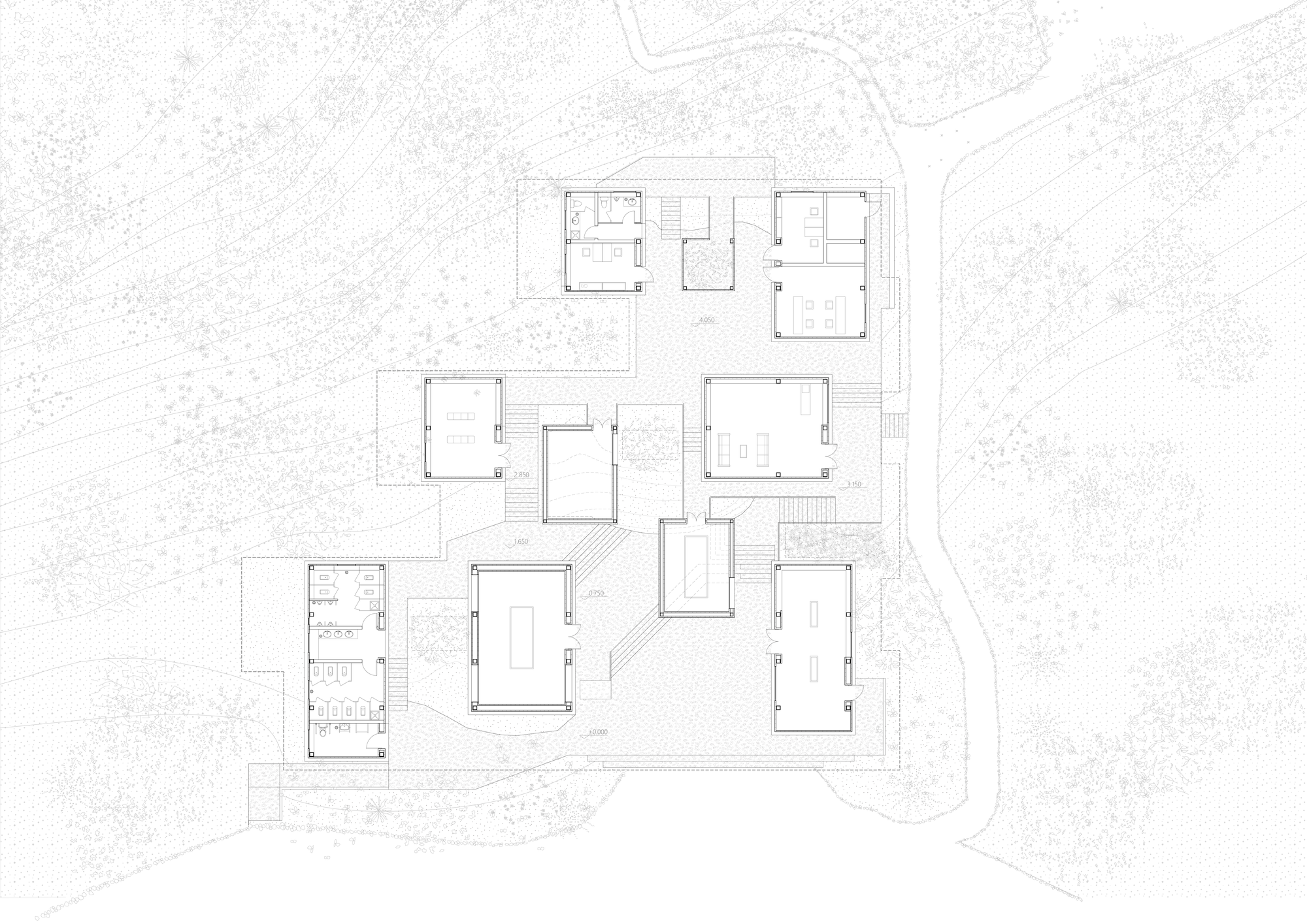 Overall layout of the glass-block Exhibition Center by OfficeOffCourse, shown as context for the interior display work.