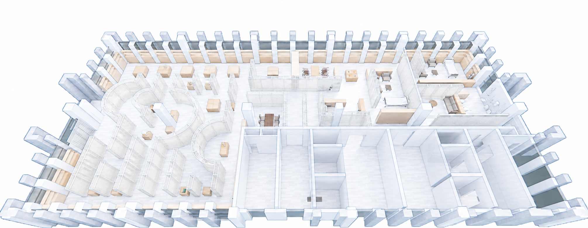 Axonometric visualization of translucent partitions and movable furniture within the retained floor plate.