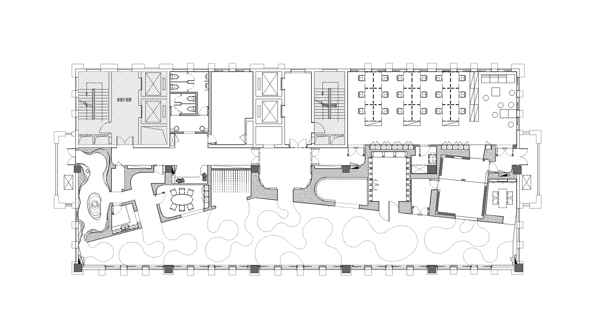 Sixth-floor design plan showing an open gallery and the adjoining enclosed display settings.
