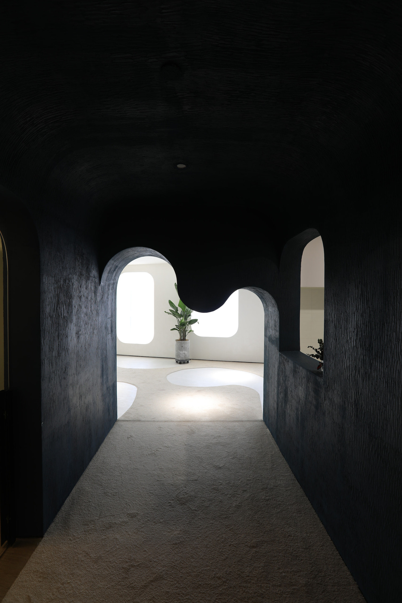 The completed dark threshold frames a view toward the brighter gallery.