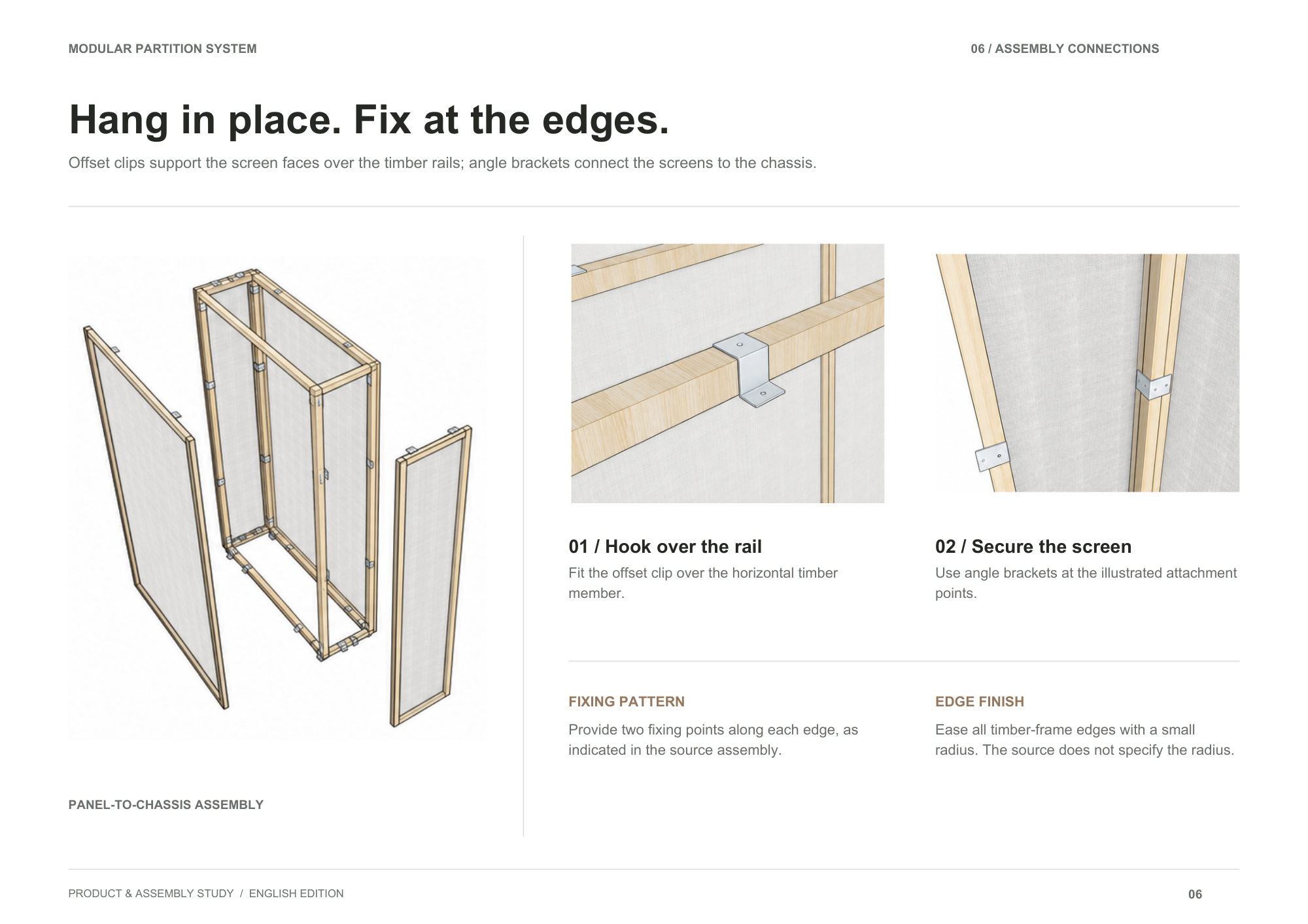 Offset clips and angle brackets connect removable screens to the timber chassis.